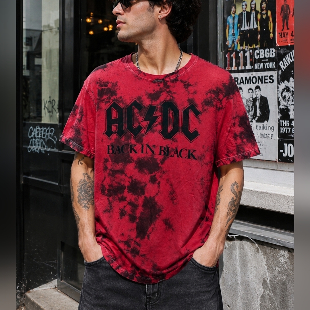 AC/DC Back In Black Red Black Tie Dye Graphic Band Tee Shirt Men’s L/XL